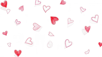 Valentine Hand drawn red and white doodle hearts randomly scattered repeating romantic love pattern transparent background