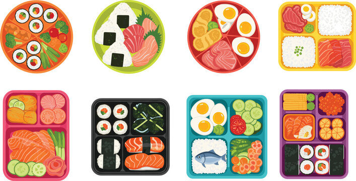 Japanese bento lunch box vector set with sushi rice fish eggs and healthy meal portions isolated