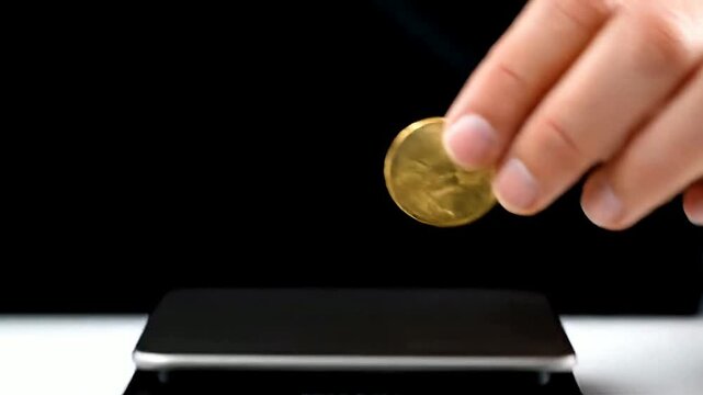 Golden coin weight measurement on digital scale or Finger balancing gold money on electronic scale tool