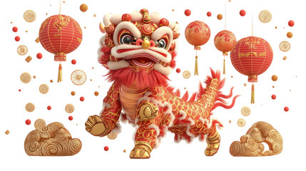 Vibrant lunar new year lion dance on transparent background