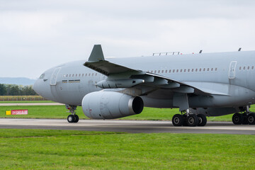 A330 Multinational Multi Role Tanker Transport Fleet landing and preparing for refueling mission at an airfield