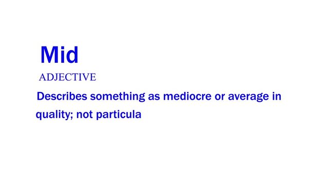 This video discusses mid, a term for mediocre quality, blue color text, animation 4k video.