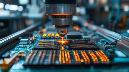 A modern machine precisely processes microchips, demonstrating technological progress, which is suitable as a backdrop for articles on high technology or innovative production processes.