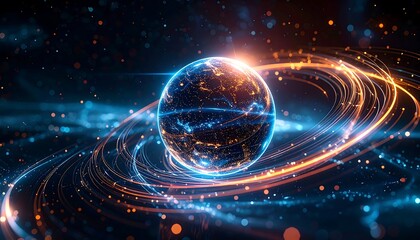 Obraz premium A glowing blue and orange planet with swirling rings in space