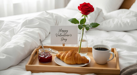 Wooden tray with croissant coffee and red rose on white bed sheets. Romantic breakfast in bed concept for happy valentine day celebration. Morning food surprise with greeting card. Valentine's Day