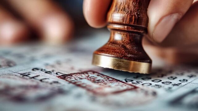 Closeup of a hand stamping a unique sequential number on an invoice with the document sharply in focus and surroundings softly blurred.