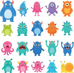 Fototapeta premium Cute colorful monster cartoon vector set with funny fantasy creatures and playful expressions isolated