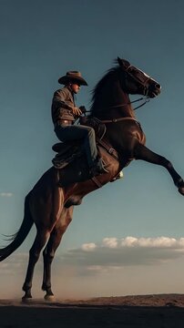 Vaquero montado en un caballo oscuro que se encabrita sobre sus patas traseras contra un cielo azul y nubes. Escena din&aacute;mica y dram&aacute;tica que evoca el esp&iacute;ritu del salvaje oeste americano.