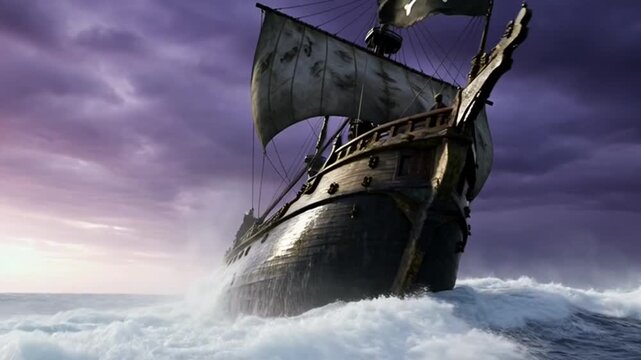 Barco pirata antiguo navegando en mar embravecido bajo un cielo tormentoso. La bandera Jolly Roger ondea en el m&aacute;stil, creando una escena oscura, &eacute;pica y cinematogr&aacute;fica llena de misterio y aventura.