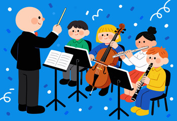 illustration of teacher conducting youth orchestra with various instruments on blue background