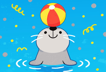 Fototapeta premium adorable seal balancing a colorful ball in water with playful background