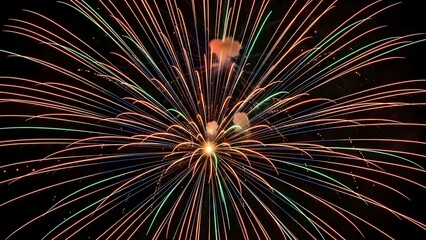 Explosive burst of colorful fireworks illuminating the night sky with vibrant light trails