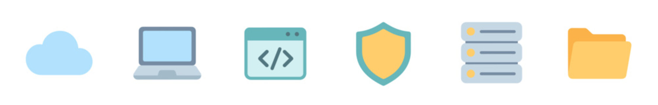 Various technology and data computing related icons illustrating concepts of cloud storage, development, security, servers, and digital files in a modern flat design style.