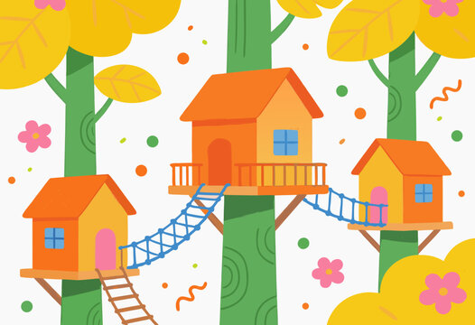 colorful treehouse village with wooden bridges in whimsical forest setting