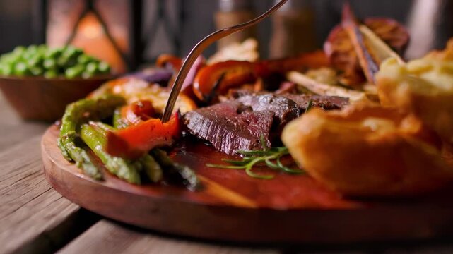 Close up panorama of a fork cutting and lifting a piece of roasted sweet potato. Healthy Sunday roast dinner with beef and vegetables on a board
