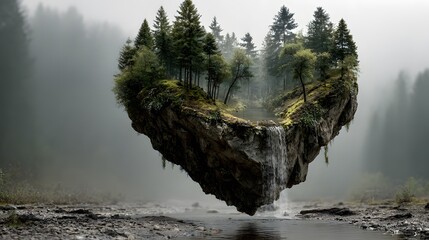 Naklejka premium Floating rock island features a heart-shaped lake in the center surrounded by forest trees and waterfalls dripping into grey mist.