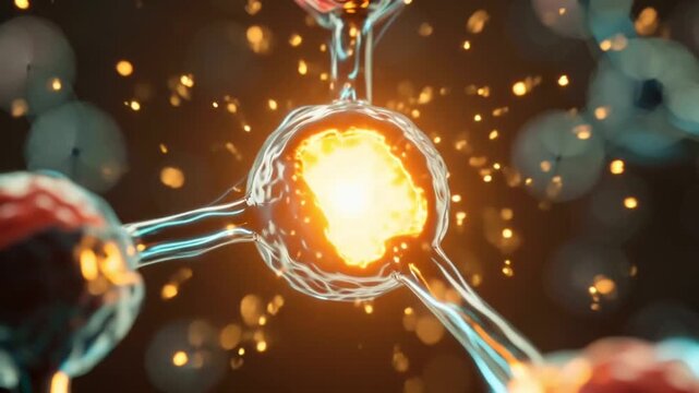 3D animation ATP molecule microscopic level, molecular structure, glowing energy core, breaking phosphate bond, small electric sparks emitted, vibrant energy pulses spreading nearby molecules, science