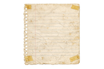 Fototapeta premium Vintage lined paper sheet with grunge texture and spiral notebook holes, taped corners, transparent background