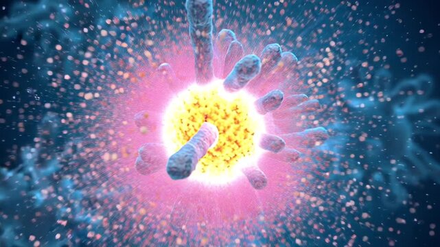 3D animation ATP molecule transforming and breaking down, crystal molecule structure, energy explosion bright colorful plasma flows, sparks glowing trails emitted cellular environment semi-transparent