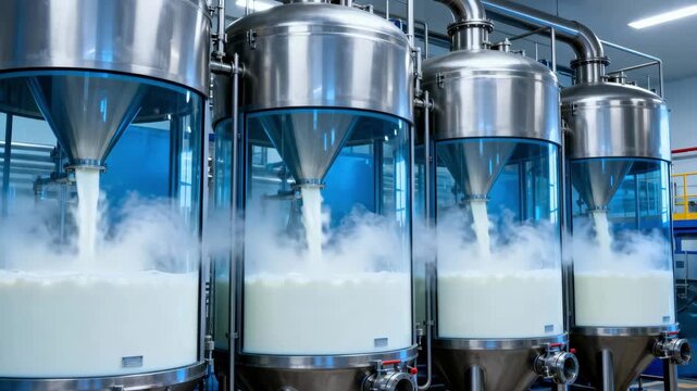 Medium shot capturing large spray drying towers with glass windows revealing internal mechanisms and swirling milk mist in a hightech dairy processing facility.