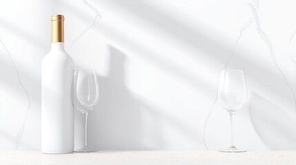 countertop. Elegant wine bottle and crystal-clear glasses on marble countertop with golden lighting. bar promotions, beverage menus, designed for food & beverage menus and cafe branding.