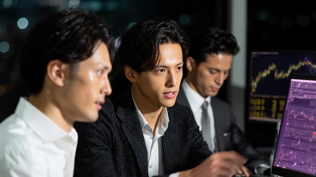 Traders Analyze in High Stakes Night Trading Room