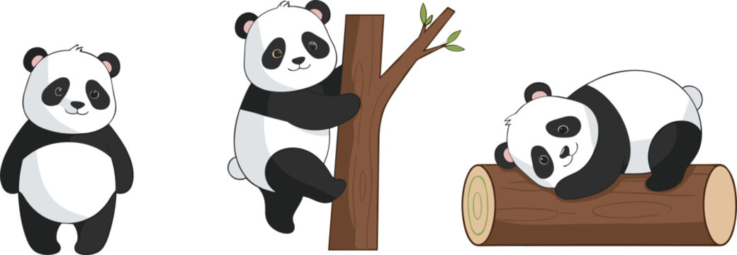 Cute panda bear cartoon vector set with playful poses climbing tree and sleeping isolated