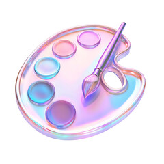 A 3D icon of an isolated iridescent paint palette with a brush on a white background