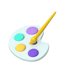 A 3D icon of an isolated paint palette with a brush on a white background for creative design
