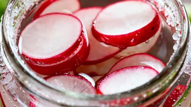 Closeup medium shot capturing bright radish slices submerged in a quick brine showcasing the crunchy freshness and colorful appeal of chilled pickled produce.