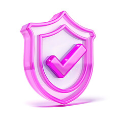 A 3D pink shield icon with a checkmark isolated on a white background for security concepts