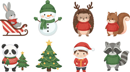 Obraz premium Cute winter animal and kid character vector set with Christmas holiday elements and festive outfits isolated