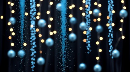 light and blue particles falling with floating spheres in dark space
