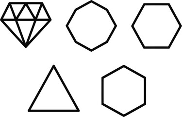 Various geometric shapes like a diamond, hexagon, octagon, and triangle represent foundational concepts for design and abstract thinking isolated on white.