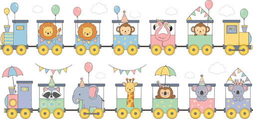 Fototapeta premium Cute animal train cartoon vector set with zoo animals party decorations and playful characters isolated