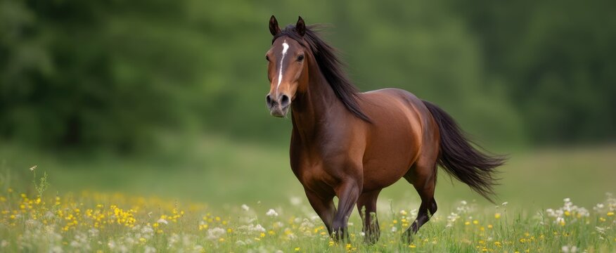 horse galloping gracefully through a vibrant meadow in the lively springtime