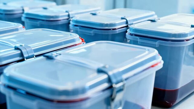 Medium shot featuring closed blood collection tanks with sealed lids emphasizing safety and contamination prevention during blood storage.