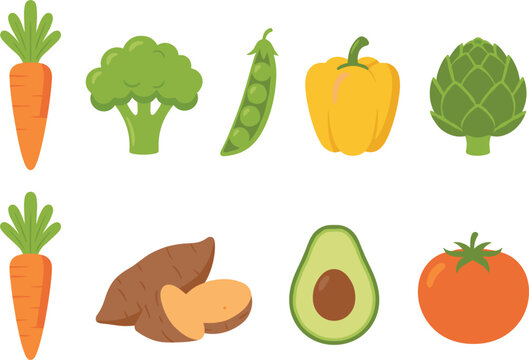 Fresh vegetable icon set with carrots broccoli peas bell pepper artichoke sweet potato avocado and organic tomato.