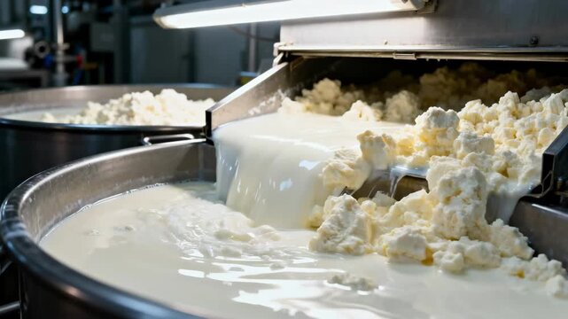 Medium shot capturing the curdling process with milk in open vats illuminated by industrial lighting emphasizing texture changes after rennet addition.