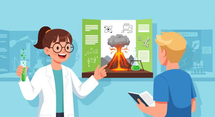 Children presenting a science fair project about volcanoes. © Tukang