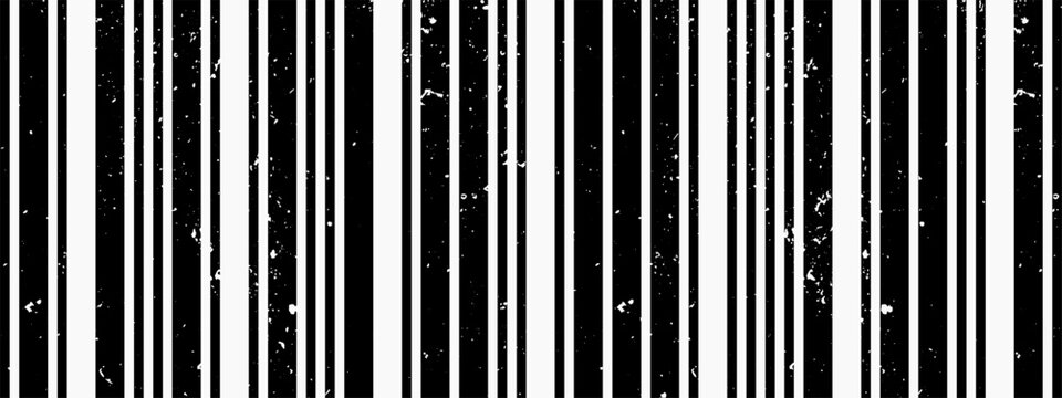 Distressed barcode seamless pattern. Black and white vertical lines with rough texture and faded areas. Grunge geometric background with analog noise.
