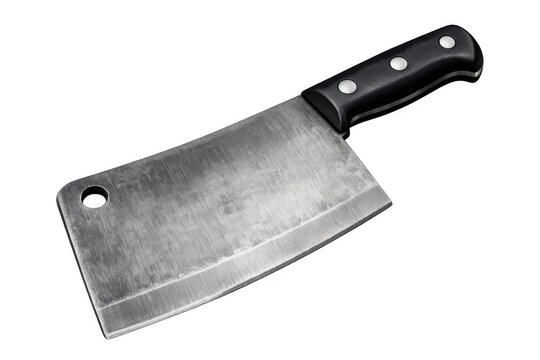 Butcher cleaver with stainless steel blade and black handle, essential tool for chopping and cutting meat in kitchen, transparent background