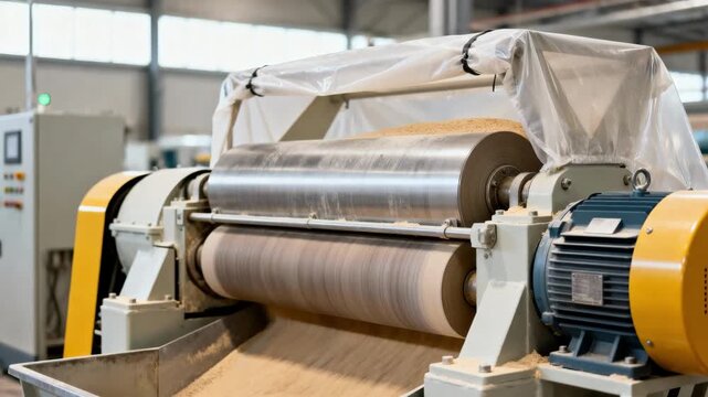 Medium shot capturing the clean environment around a roller mill with protective covers emphasizing precise finer grinding and maintenance ease.