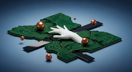 Abstract composition with green map sections, copper spheres, and a white hand, against blue backdrop, representing technology, connection, and network concept