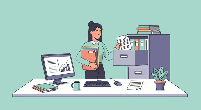 Businesswoman organizing files at her desk in an office.