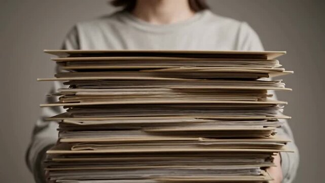 Beige Paper Pile Document Overload or Beige Stack Files In Hand Document Management
