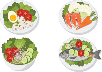 Healthy salad bowl vector set with vegetables fish eggs and fresh nutritious food plates isolated