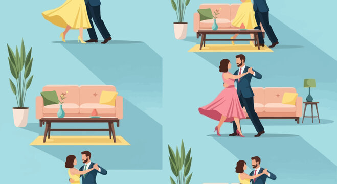 Couples dancing gracefully in a stylish, modern living room.