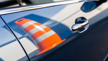 Fototapeta premium Reflection of road cone on car door.