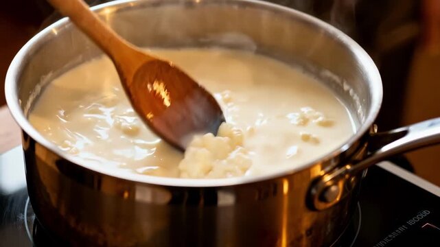 Closeup medium shot of curd agitation inside a steamheated kettle with precise temperature control emphasizing smooth creamy texture development.